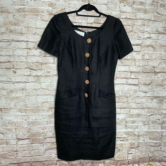 Vintage Santa Fe black linen sheath dress sz 4 button accents - Picture 1 of 7